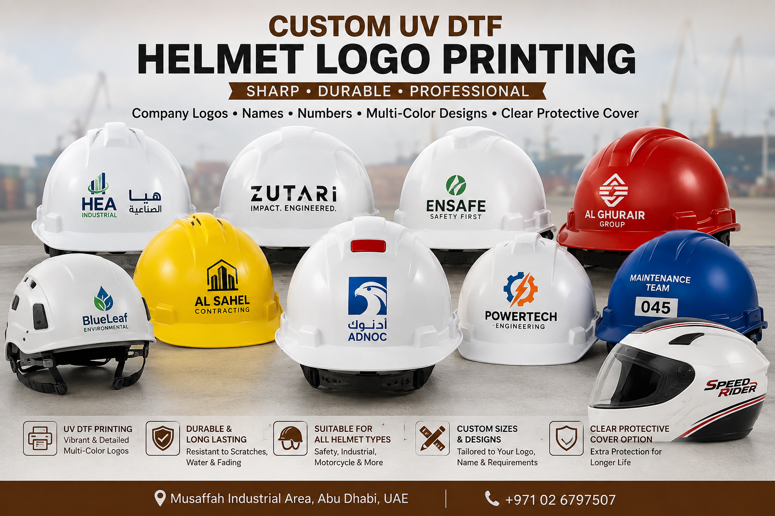 Custom UV DTF helmet logo printing by System Care Printing Abu Dhabi